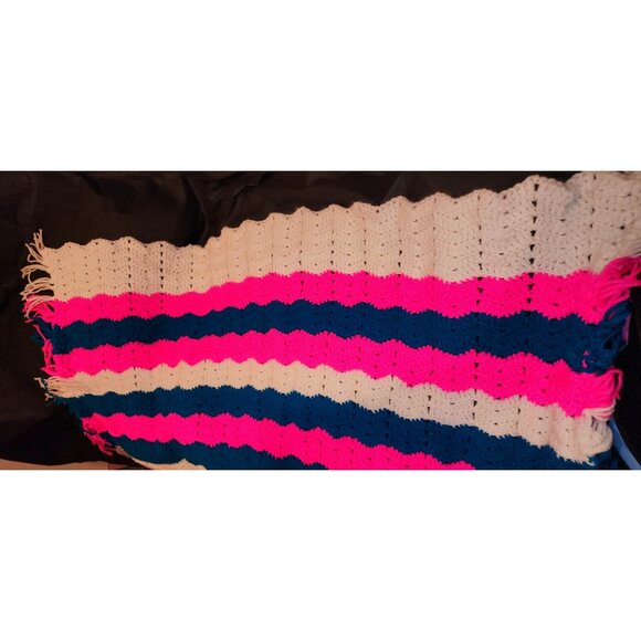 Crochet Striped Baby Blanket gPink/Blue/White With Tassels NEW 45X38 - Picture 3 of 10